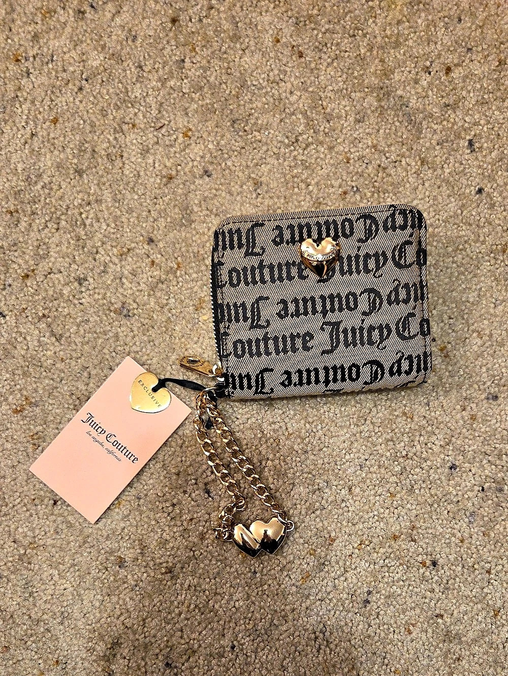 Juicy Couture Monogram Heart Chain Zip-Around Wallet Pink & Black